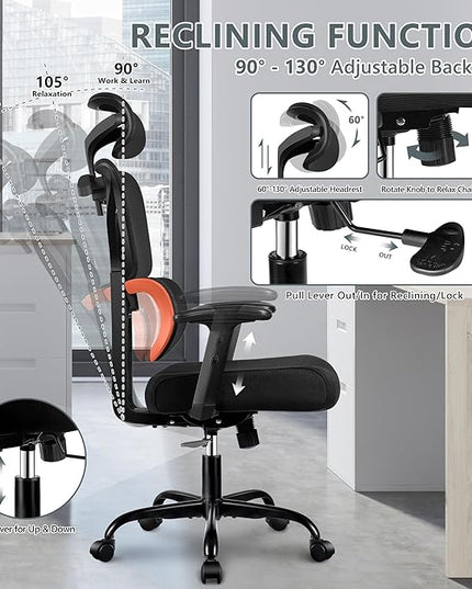 Office Chair Ergonomic Desk Chair, High Back Gaming Chair, Big and Tall Reclining chair Comfy Home Office Desk Chair Lumbar Support Breathable Mesh Computer Chair Adjustable Armrests(B-Orange) - LeafyLoom