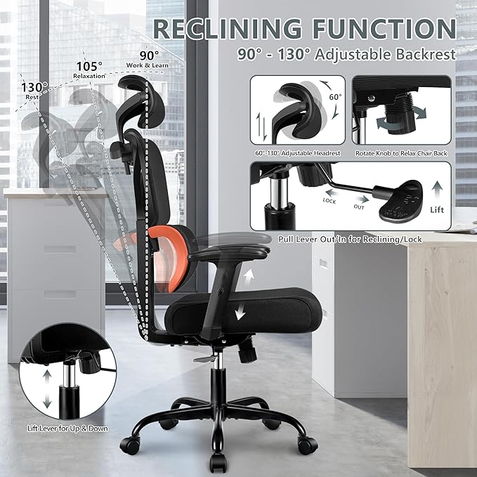 Office Chair Ergonomic Desk Chair, High Back Gaming Chair, Big and Tall Reclining chair Comfy Home Office Desk Chair Lumbar Support Breathable Mesh Computer Chair Adjustable Armrests(B-Orange) - LeafyLoom