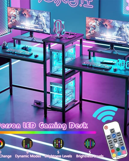 Furologee 2 Person Gaming Desk with LED Lights, 71 Inch Computer Desk with Power Outlets and Monitor Stand, Double Desk with Storage Bag and Headphone Hooks, Study Writing Table for Home Office, Black - LeafyLoom