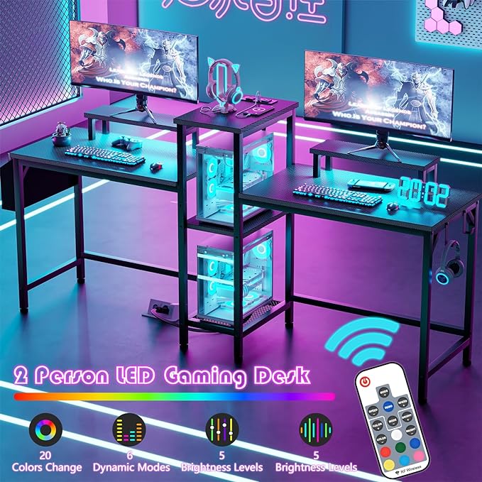 Furologee 2 Person Gaming Desk with LED Lights, 71 Inch Computer Desk with Power Outlets and Monitor Stand, Double Desk with Storage Bag and Headphone Hooks, Study Writing Table for Home Office, Black - LeafyLoom