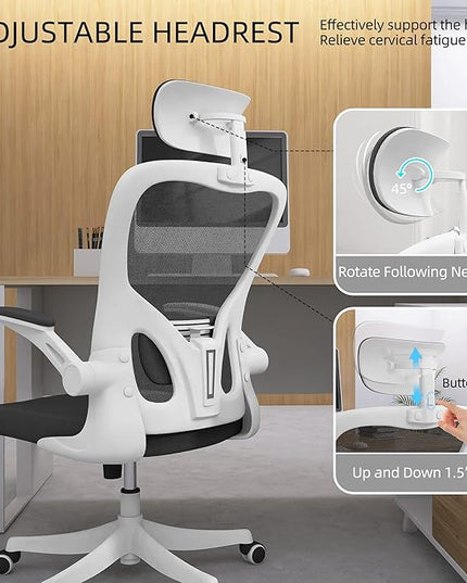 Office Chair, Ergonomic Office Chair with Lumbar Support & 3D Headrest & Flip Up Arms Home Office Desk Chairs Rockable High Back Swivel Computer Chair White Frame Black Mesh Study Chair - LeafyLoom