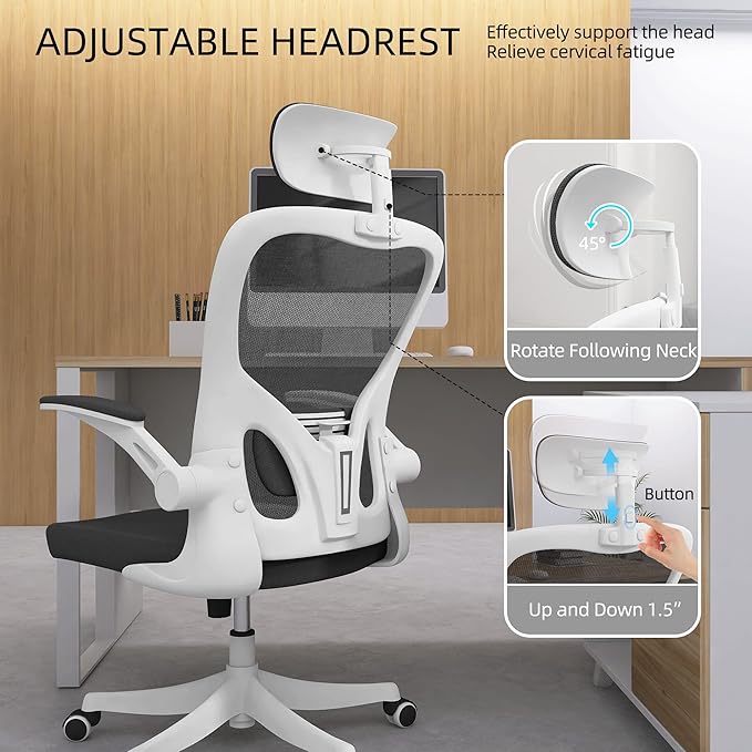 Office Chair, Ergonomic Office Chair with Lumbar Support & 3D Headrest & Flip Up Arms Home Office Desk Chairs Rockable High Back Swivel Computer Chair White Frame Black Mesh Study Chair - LeafyLoom