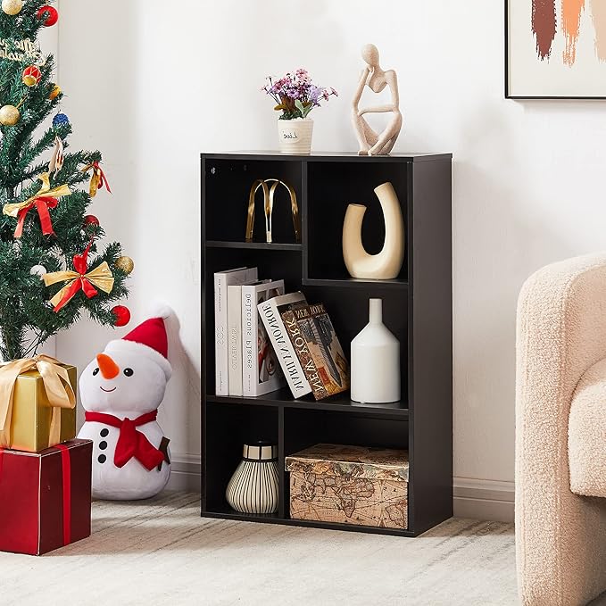 VECELO 5 Cube Modern Bookcases, Fits Tallest Hardcovers, Vertical or Horizontal Use Available, 31 Inch High Cubby Storage Organizer, Suit for Living Room, Bedroom, Children Room, Black - LeafyLoom
