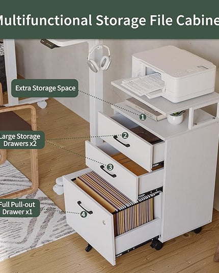 FEZIBO File Cabinet with Lock for Home Office, 3-Drawer Rolling Filing Cabinet, Home Office File Cabinet for A4/Letter/Legal Size, Printer Stand, Wooden Storage Cabinet, White - LeafyLoom