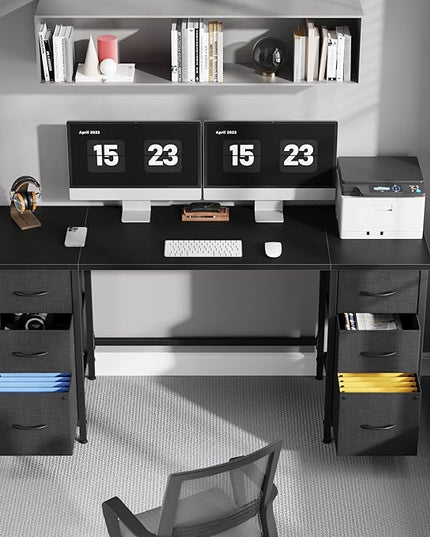 63'' Office Desk with 6 Fabric File Drawers - File Drawer Organization, Computer Work Desk, Study Writing Table, Home Office Workstation, Black - LeafyLoom