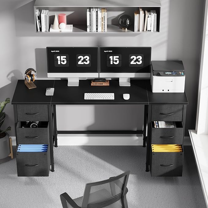 63'' Office Desk with 6 Fabric File Drawers - File Drawer Organization, Computer Work Desk, Study Writing Table, Home Office Workstation, Black - LeafyLoom