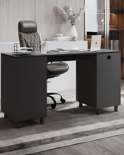 Modern Design By Crafts & comfort Venice Computer Desk - Office Desk with 3 Drawers & CPU Storage Cabinet - Laptop Workstation with Keyboard Tray & Cable Hole - Home & Office Supplies -Slate/Black - LeafyLoom