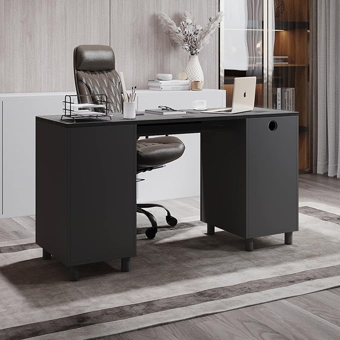 Modern Design By Crafts & comfort Venice Computer Desk - Office Desk with 3 Drawers & CPU Storage Cabinet - Laptop Workstation with Keyboard Tray & Cable Hole - Home & Office Supplies -Slate/Black - LeafyLoom