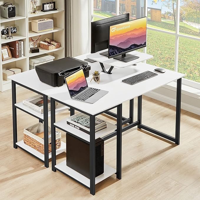 GreenForest Computer Desk with Monitor Stand and Reversible Storage Shelves,39 inch Small Home Office Writing Study Desk for Small Spaces,White - LeafyLoom