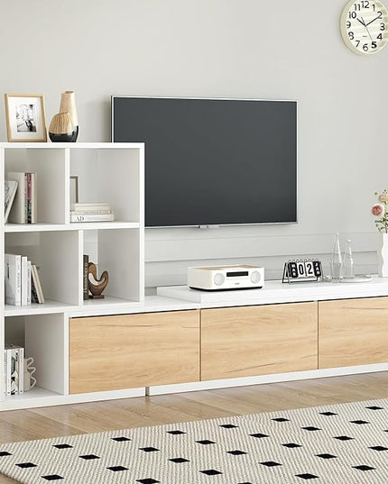 Extendable Stand with 3 Tier Bookshelves for TVs up to 110'', Adjustable Entertainment Center with Storage Cabinets, Sliding Tabletop Media Console for Living Room, White, 126 inch Length - LeafyLoom