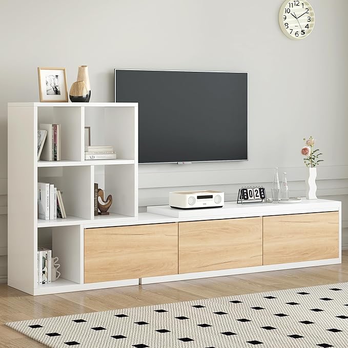 Extendable Stand with 3 Tier Bookshelves for TVs up to 110'', Adjustable Entertainment Center with Storage Cabinets, Sliding Tabletop Media Console for Living Room, White, 126 inch Length - LeafyLoom