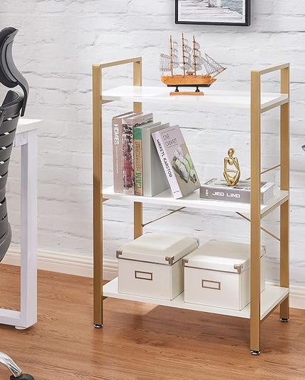 BEWISHOME 3 Tier Bookshelf, Modern Small Book Shelf for Small Spaces, White Gold Wooden Shelves for Bedroom Living Room and Home Office, 13.78" D x 24.12" W x 37.09" H, JCJ42M - LeafyLoom