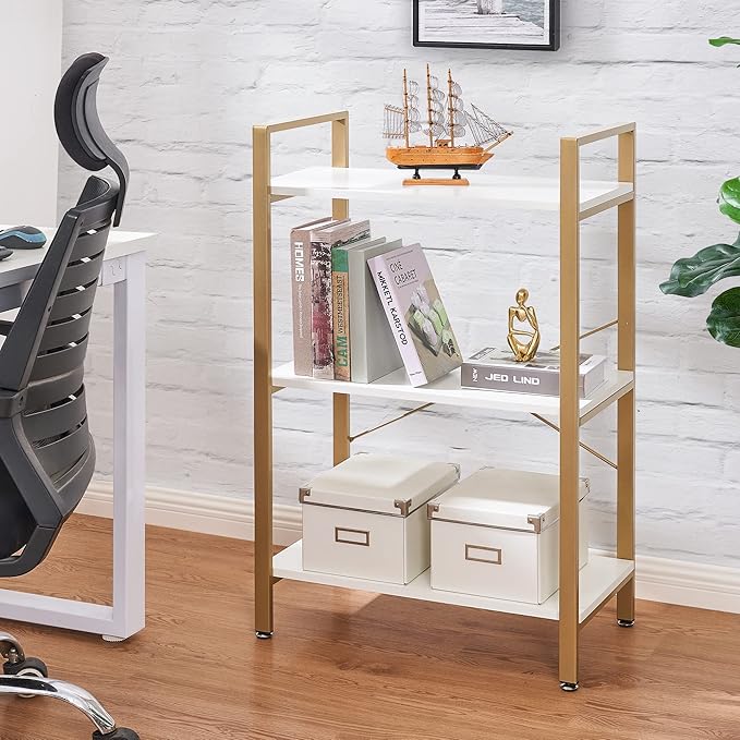 BEWISHOME 3 Tier Bookshelf, Modern Small Book Shelf for Small Spaces, White Gold Wooden Shelves for Bedroom Living Room and Home Office, 13.78" D x 24.12" W x 37.09" H, JCJ42M - LeafyLoom