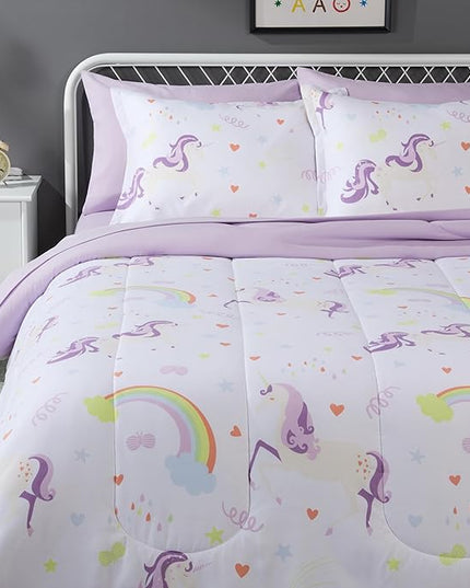 Amazon Basics Microfiber Kid's Bed-in-a-Bag 7 Piece Bedding Set, Full/Queen, Unicorn Print - LeafyLoom