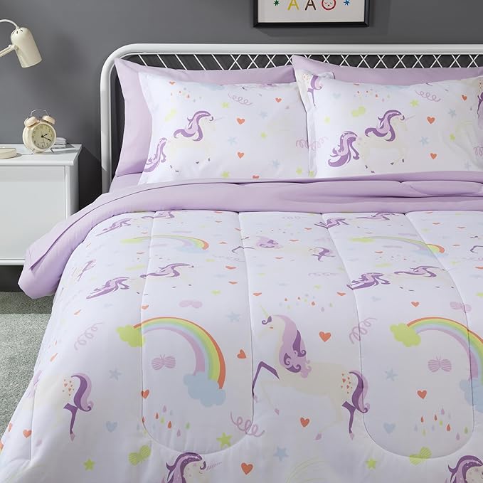 Amazon Basics Microfiber Kid's Bed-in-a-Bag 7 Piece Bedding Set, Full/Queen, Unicorn Print - LeafyLoom