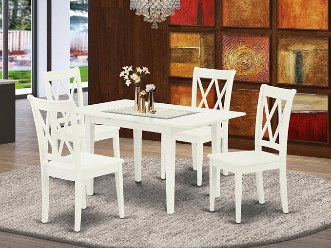 East West Furniture NOCL5-LWH-W 5 Piece Kitchen Table & Chairs Set Includes a Rectangle Dining Room Table with Butterfly Leaf and 4 Solid Wood Seat Chairs, 32x54 Inch, Linen White - LeafyLoom
