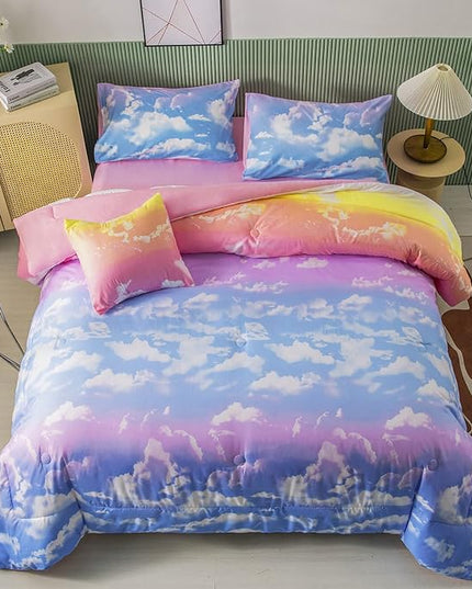 PERFEMET White Cloud Print Girls Comforter Set Queen Size 6 Pieces Teen Girl Tie Dye Bedding Set Colorful Rainbow Bed in A Bag Comforter Set with Sheets - LeafyLoom