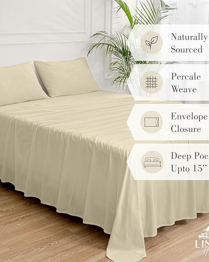 Linen Home Washed Cotton Percale Twin Sheet Set, Ivory, Deep Pocket, 3 Pieces Bed Sheets - 1 Flat Sheet, 1 Fitted Sheet & 1 Envelope Closure Pillowcase, Cool and Comfortable Bed Linen - LeafyLoom