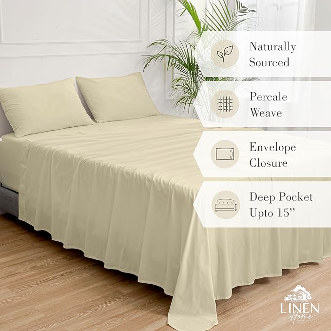 Linen Home Washed Cotton Percale King Sheet Set, Ivory, Deep Pocket, 4 Pieces Bed Sheets - 1 Flat Sheet, 1 Fitted Sheet & 2 Envelope Closure Pillowcases, Cool and Comfortable Bed Linen - LeafyLoom