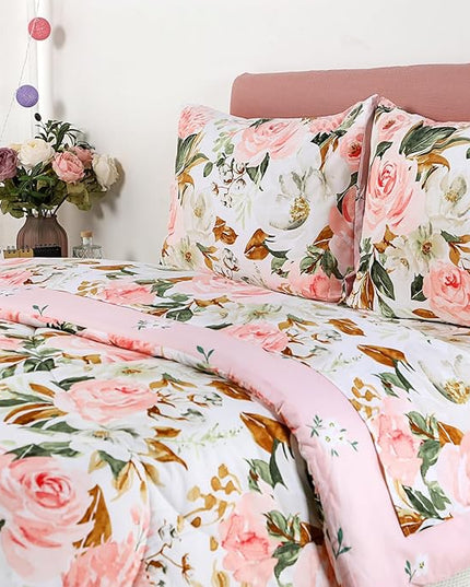DILIMI Full Size Comforter Set for Girls, Reversible Comforter Full Size, 5 Pieces Ultra Soft Pink Floral Full Size Bed Comforter Sets with Sheet, Comforter, Flat Sheet, 2 Pillowcase - LeafyLoom
