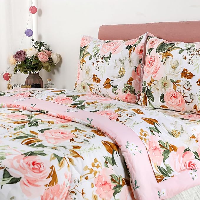DILIMI Full Size Comforter Set for Girls, Reversible Comforter Full Size, 5 Pieces Ultra Soft Pink Floral Full Size Bed Comforter Sets with Sheet, Comforter, Flat Sheet, 2 Pillowcase - LeafyLoom