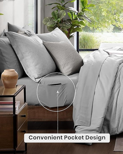 Monbix Full Size Comforter Set, Grey Bedding Comforter for Full Size Bed Set Reversible, Bedding Sets Full 7 Pieces, Cationic Dyeing Bed in a Bag with Comforter, Sheets, Pillowcases & Shams - LeafyLoom