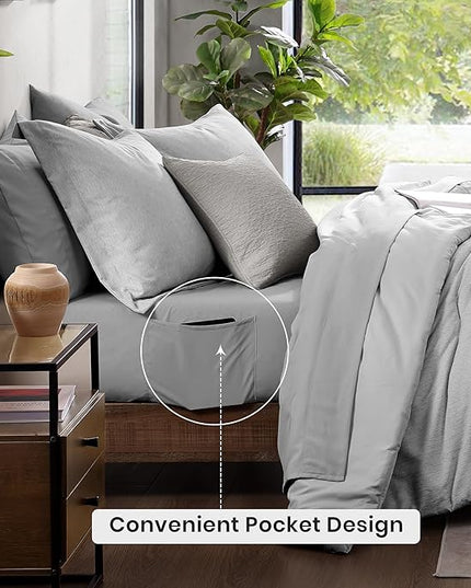 Monbix Queen Size Comforter Set, Grey Bedding Comforter for Queen Size Bed Set Reversible, Queen Comforter Set 7 Pieces, Cationic Dyeing Bed in a Bag with Comforter, Sheets, Pillowcases & Shams - LeafyLoom