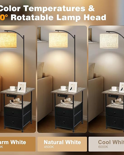 PESRAE Floor Lamp with Table & 2 Drawers, End Table with 3 Color Temperature Reading Light, Side Table Lamp with USB & Type C & AC Charging Port for Living Room, Home Office - LeafyLoom