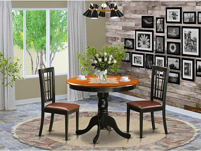 East West Furniture ANNI3-BLK-LC 3 Piece Dinette Set for Small Spaces Contains a Round Kitchen Table with Pedestal and 2 Faux Leather Upholstered Dining Chairs, 36x36 Inch, Black & Cherry - LeafyLoom