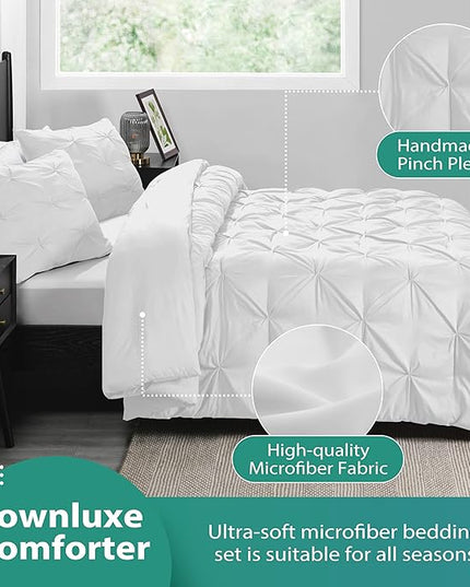 downluxe Pintuck Queen Comforter Set with 2 Pillow Shams - 3-Piece - White Queen Bed Comforter Set for All Seasons, Pinch Pleat Microfiber Down Alternative Bedding Comforter Sets - LeafyLoom
