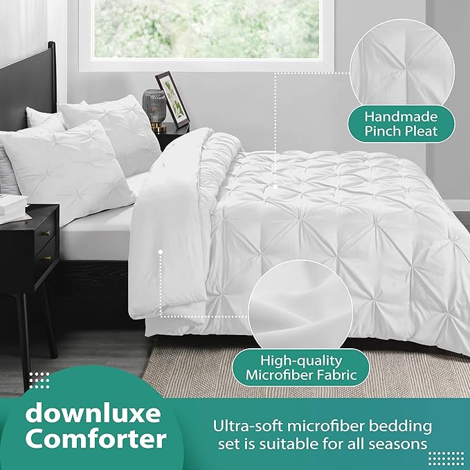 downluxe Pintuck Queen Comforter Set with 2 Pillow Shams - 3-Piece - White Queen Bed Comforter Set for All Seasons, Pinch Pleat Microfiber Down Alternative Bedding Comforter Sets - LeafyLoom