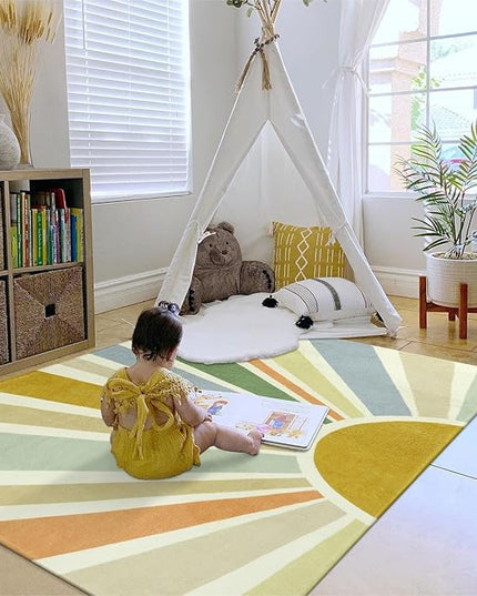 Boho Washable Rug 4'x6' Rug Kids Area Rug for Playroom, Non-Slip Kids Rug for Bedroom, Rainbow Modern Sun Carpet Soft Throw Sunshine Rug for Office Nursery Entryway Dorm - LeafyLoom