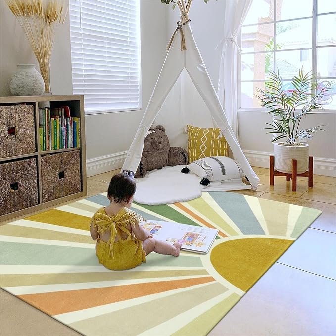 Boho Washable Rug 4'x6' Rug Kids Area Rug for Playroom, Non-Slip Kids Rug for Bedroom, Rainbow Modern Sun Carpet Soft Throw Sunshine Rug for Office Nursery Entryway Dorm - LeafyLoom