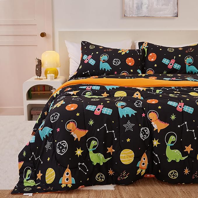 Space Dinosaur Kids Comforter Set for Boys Twin, Cute Reversible Quilted Black Printed Bedding Set with Pillow Sham, Lightweight Soft Breathable Machine Washable Bed Set 2 Piece - LeafyLoom