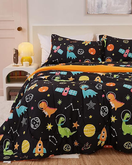 Space Dinosaur Kids Comforter Set for Boys Full Size, Cute Reversible Quilted Black Printed Bedding Set with Pillow Sham, Lightweight Soft Breathable Washable Bed Set 3 Piece - LeafyLoom