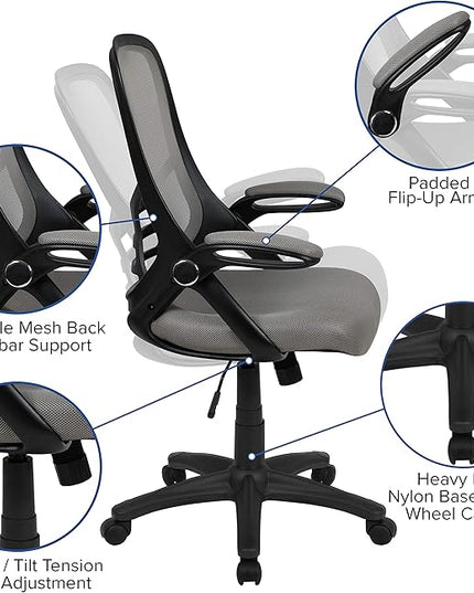 Flash Furniture Porter High-Back Swivel Office Chair with Adjustable Lumbar Support and Seat Height, Ergonomic Mesh Desk Chair with Flip-Up Armrests, Gray/Black - LeafyLoom