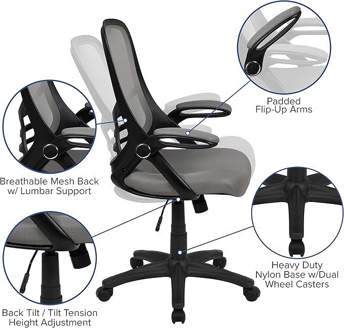 Flash Furniture Porter High-Back Swivel Office Chair with Adjustable Lumbar Support and Seat Height, Ergonomic Mesh Desk Chair with Flip-Up Armrests, Gray/Black - LeafyLoom