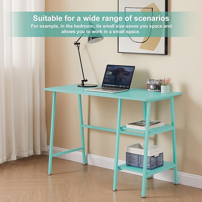 VECELO 43 Inch Computer Desk Writing Study Work Office Table Modern desk with shelves wooden desk for Home Bedroom,Blue Desk - LeafyLoom