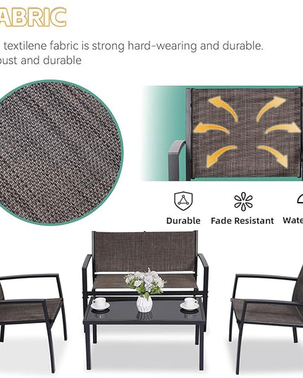 4 Pieces Patio Furniture Set Outdoor Garden Patio Conversation Sets Poolside Lawn Chairs with Tempered Glass Coffee Table Loveseat Porch Furniture Textilene Fabric Brown - LeafyLoom
