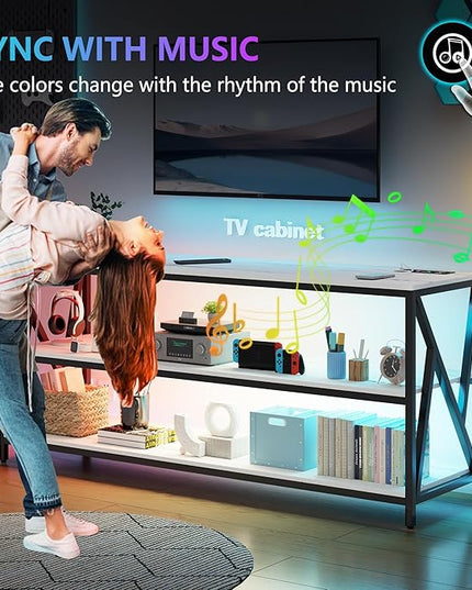 Lvifur LED TV Stand up to 70''Televisions, Farmhouse TV Console Table with RGB 24 Colors Dimmable, Industrial Entertainment Center with Human Body Sensor for Living Room Bedroom - LeafyLoom