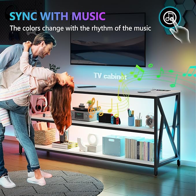 Lvifur LED TV Stand up to 70''Televisions, Farmhouse TV Console Table with RGB 24 Colors Dimmable, Industrial Entertainment Center with Human Body Sensor for Living Room Bedroom - LeafyLoom