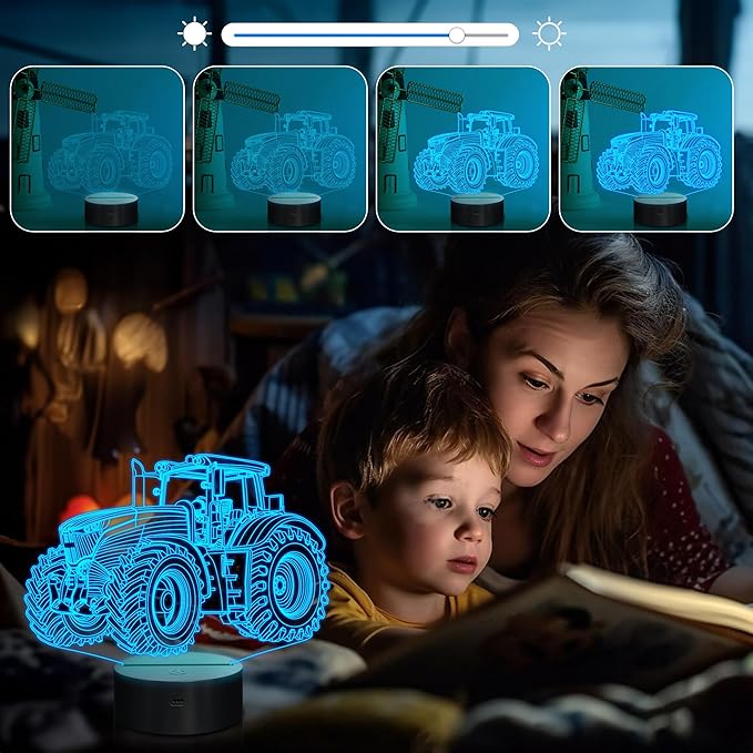 Attivolife Tractor 3D Illusion Night Lamp, 16 Color Changing Dimmable Hologram Lighting, Timer Toy USB Charge Table Desk Bedroom Decoration Creative Gift for Kid Boy with Remote Control - LeafyLoom