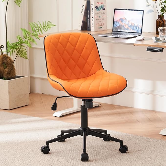 YOUNUOKE Office Chair Desk Chair with Wheels, Thick Upholstery Armless Computer Chair, Small Cute Office Chair Faux Leather Swivel Desk Chairs, Bedroom Side Chair Task Chairs, Orange - LeafyLoom