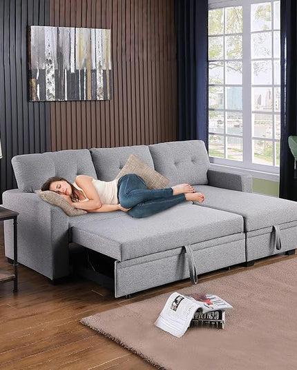 L Shape Sleeper Sofa Bed with Storage, Large Full Size Pull Out Sectional Couch, Futon Chaise Lounge Recliner for Living Room, Apartment, Bedroom, Office, Grey - LeafyLoom