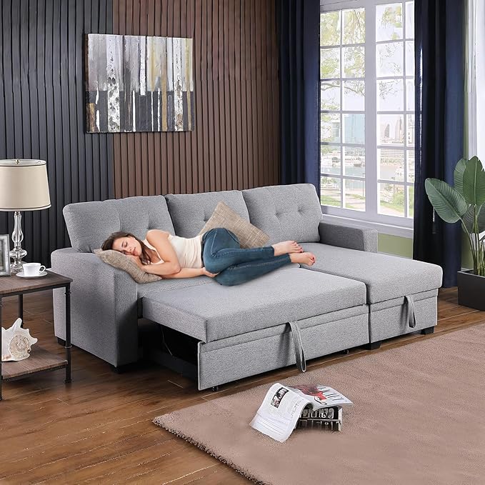 L Shape Sleeper Sofa Bed with Storage, Large Full Size Pull Out Sectional Couch, Futon Chaise Lounge Recliner for Living Room, Apartment, Bedroom, Office, Grey - LeafyLoom