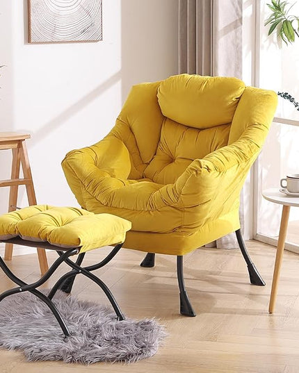 Welnow Lazy Chair with Ottoman, Modern Lounge Accent Chair with Armrests and a Side Pocket, Leisure Sofa Chair Set, Reading Chair with Footrest for Small Space, Corner Chair, Yellow - LeafyLoom
