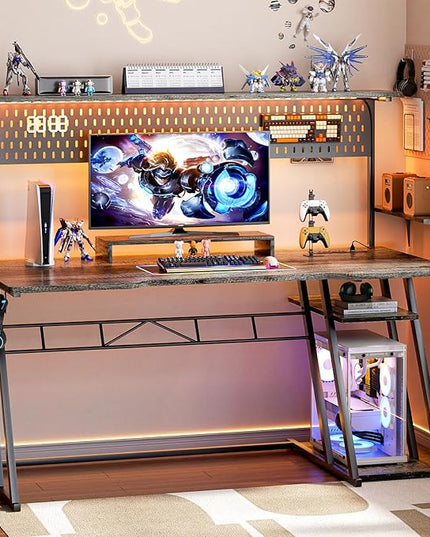 armocity 55'' Gaming Desk with Hutch and LED Lights, Gaming Computer Desk with Storage Shelves & Z-Shaped Legs, Reversible PC Gaming Desk with Pegboard, Ergonomic Desk for Bedroom, Grey Oak - LeafyLoom