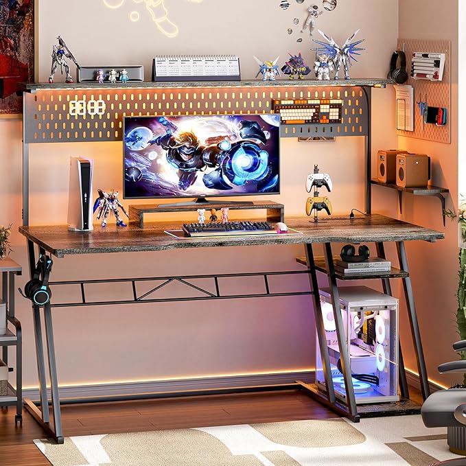 armocity 55'' Gaming Desk with Hutch and LED Lights, Gaming Computer Desk with Storage Shelves & Z-Shaped Legs, Reversible PC Gaming Desk with Pegboard, Ergonomic Desk for Bedroom, Grey Oak - LeafyLoom