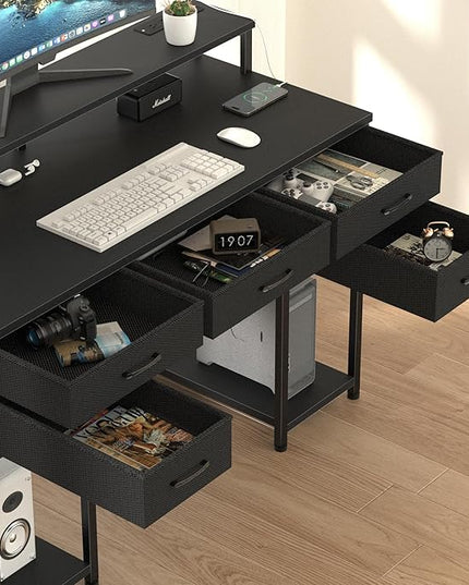 Black Computer Desk with Drawers, Gaming Desk with LED Light & Power Outlet, 47" Home Office Desk with Large Storage & Monitor Stand for Small Space - LeafyLoom