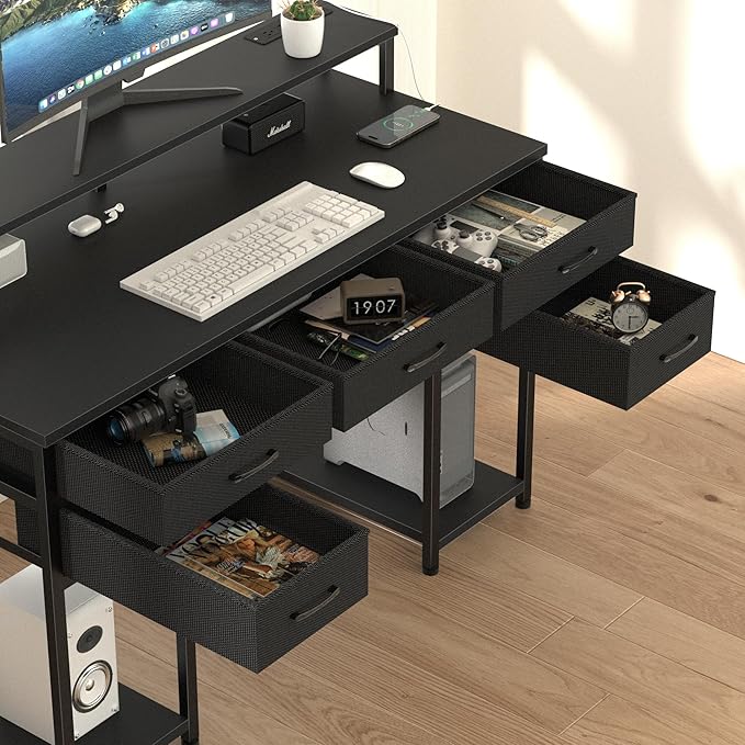 Black Computer Desk with Drawers, Gaming Desk with LED Light & Power Outlet, 47" Home Office Desk with Large Storage & Monitor Stand for Small Space - LeafyLoom